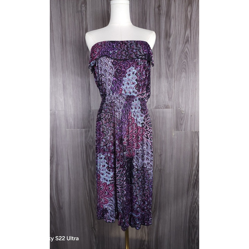Prestige Purple Paisley Strapless Midi Dress Smocked Waist Ruffle Hem Medium